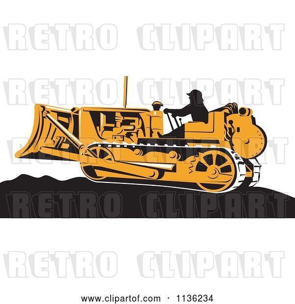 Vector Clip Art of Retro Worker Operating Bulldozer Machine 1