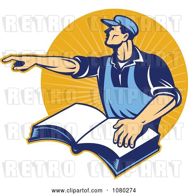 Vector Clip Art of Retro Worker Pointing and Resting a Hand on a Book, over Orange Rays