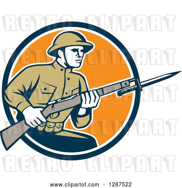 Vector Clip Art of Retro World War One American Soldier with a Bayonet and Rifle in a Navy Blue, White and Orange Circle