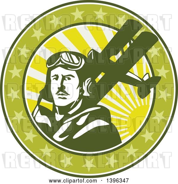 Vector Clip Art of Retro World War One Male Pilot Aviator and Spad Biplane, on a Green Cricle with Stars and Sunshine