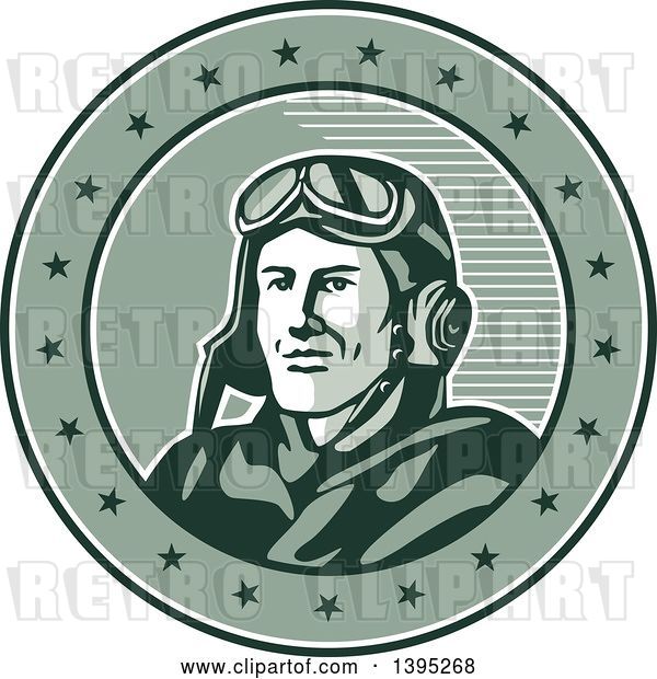 Vector Clip Art of Retro World War One Male Pilot Aviator Smiling in a Circle with Stars