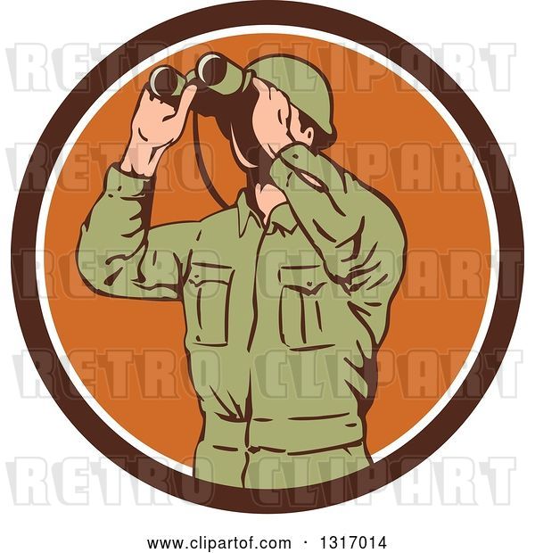 Vector Clip Art of Retro World War Two American Soldier Using Binoculars in a Brown and White Circle