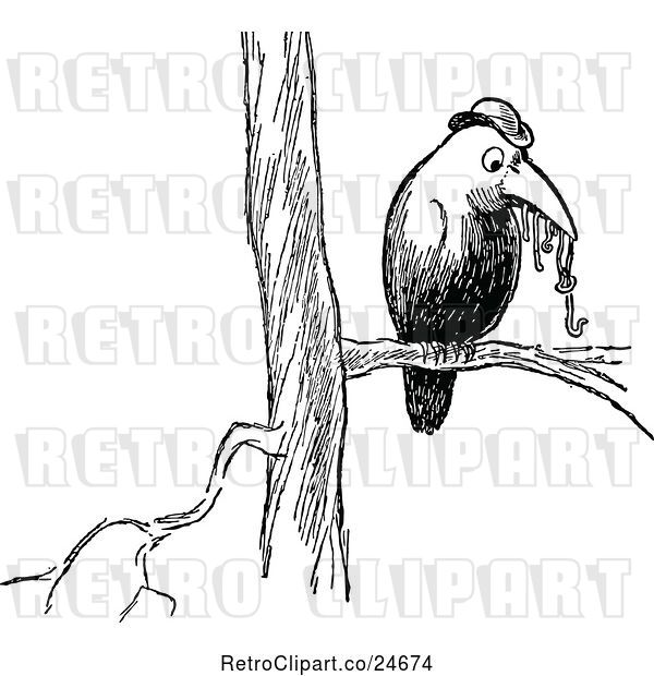 Vector Clip Art of Retro Worm Bird on a Branch