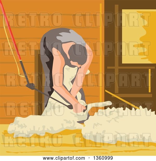 Vector Clip Art of Retro WPA Style Male Farmer Shearing a Sheep