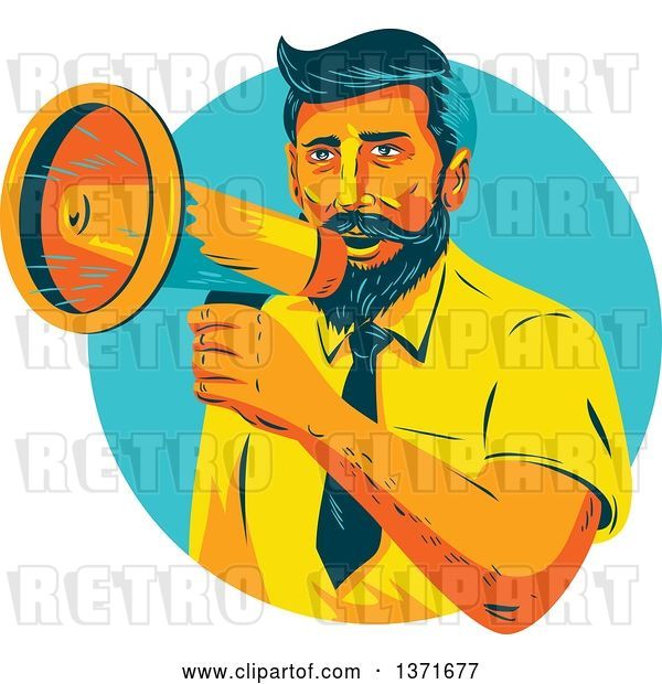 Vector Clip Art of Retro Wpa Styled Businessman Announcing Through a Megaphone in a Turquoise Circle