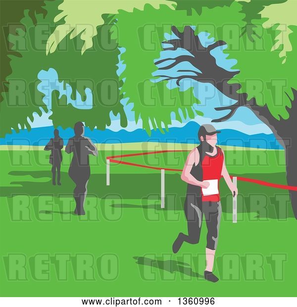 Vector Clip Art of Retro Wpa Styled Marathon Runners Under Trees