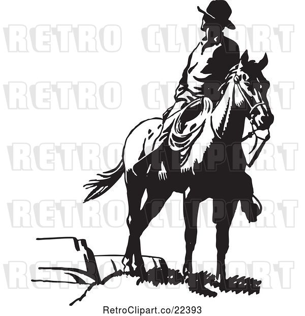 Vector Clip Art of Retro Wrangler Cowboy Looking Back on a Horse