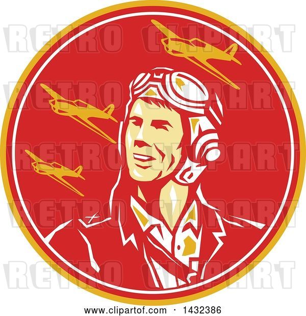 Vector Clip Art of Retro WWII Male Aviator Pilot and Fighter Planes in a Yellow Red and White Circle