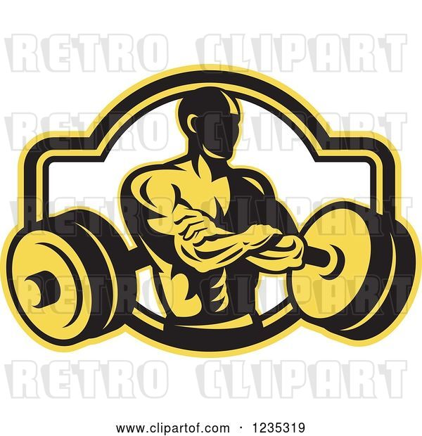 Vector Clip Art of Retro Yellow and Black Bodybuilder with a Barbell