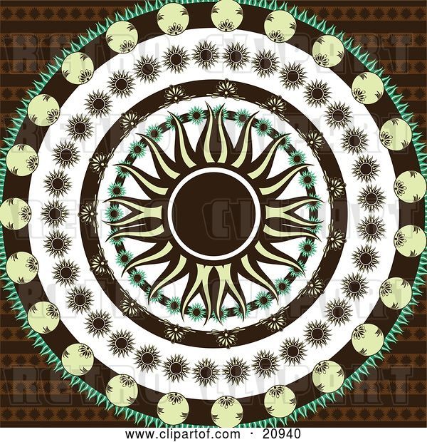 Vector Clip Art of Retro Yellow and Black Sun in the Center of Circles of Black, Yellow, and Green Floral Patterns over a Patterned Brown Background