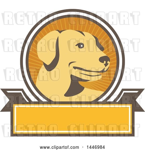 Vector Clip Art of Retro Yellow Labrador Dog in a Ray Circle over a Blank Banner