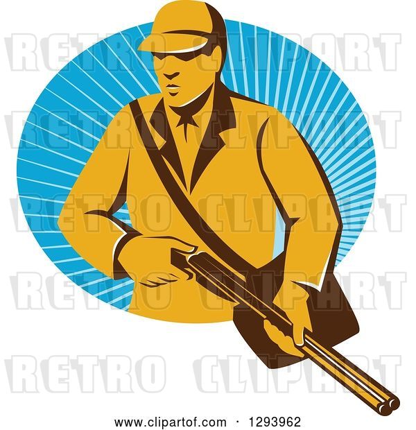 Vector Clip Art of Retro Yellow Male Hunter Holding a Rifle and Emerging from an Oval of Blue Rays