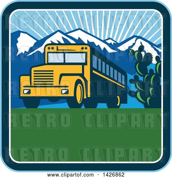 Vector Clip Art of Retro Yellow School Bus with Cactus and Mountains Against a Sunny Sky Inside a Square