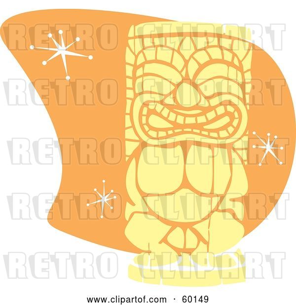 Vector Clip Art of Retro Yellow Tiki Carving in Style, over Orange with Stars