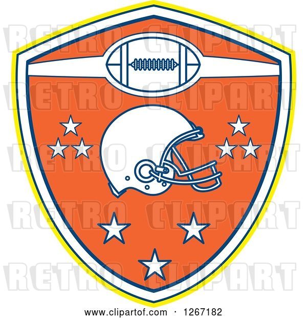 Vector Clip Art of Retro Yellow White Blue and Orange American Football Shield with a Helmet and Stars