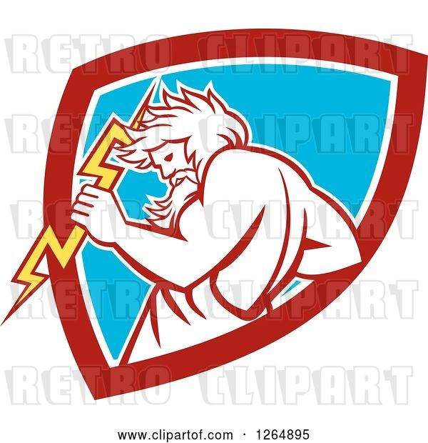 Vector Clip Art of Retro Zeus Holding a Thunder Bolt in a Red White and Blue Shield