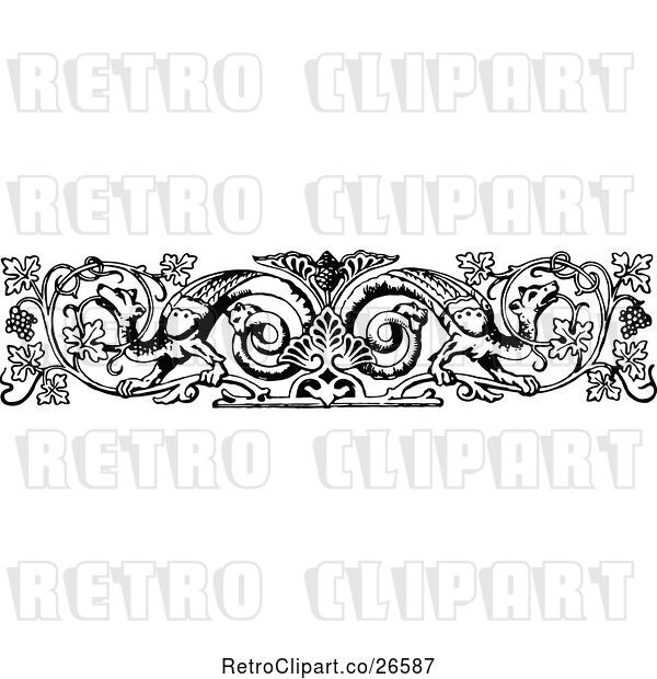 Vector Clip Art of Rule Border of Fruit Vines and Fantasy Creatures