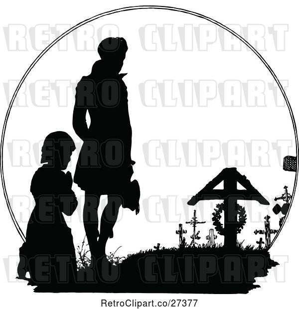 Vector Clip Art of Silhouetted Men Mourning at a Grave