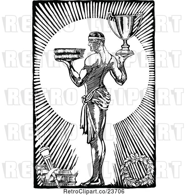 Vector Clip Art of Sketched Guy with Books and a Trophy