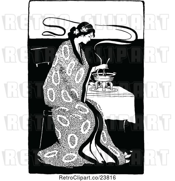 Vector Clip Art of Sketched Lady Eating Fondue