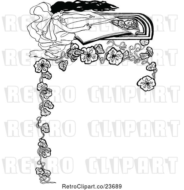 Vector Clip Art of Sketched Lady Reading and Floral Border