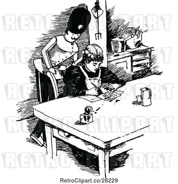 Vector Clip Art of Soldier Watching a Lady Write