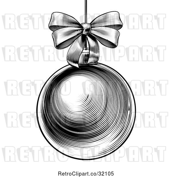 Vector Clip Art of Woodcut or Engraved Suspended Christmas Bauble Ornament with a Bow