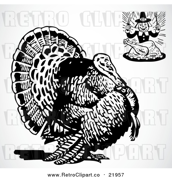 Vector Clipart of a Hungry Pilgrim and a Big Turkey Bird
