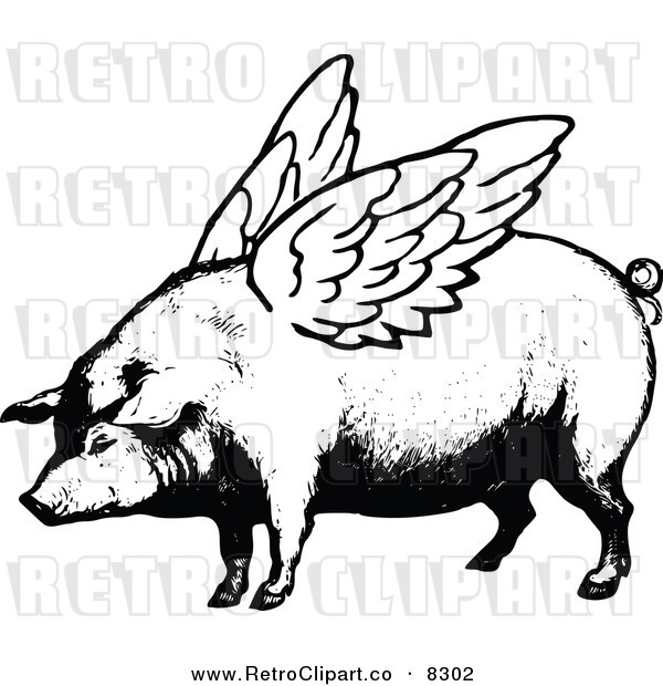 Vector Clipart of a Retro Black and White Winged Pig