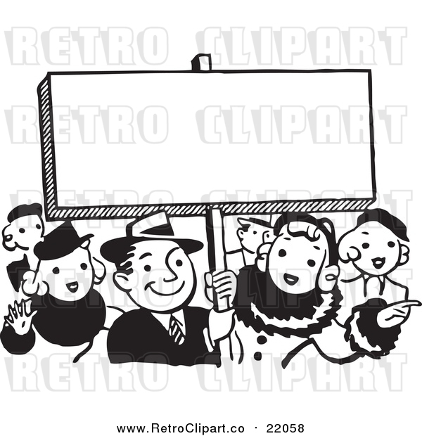 Vector Clipart of a Retro Crowd by a Blank Sign