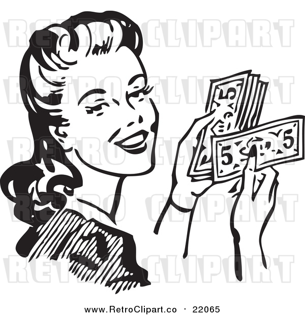 Vector Clipart of a Retro Woman Holding Cash