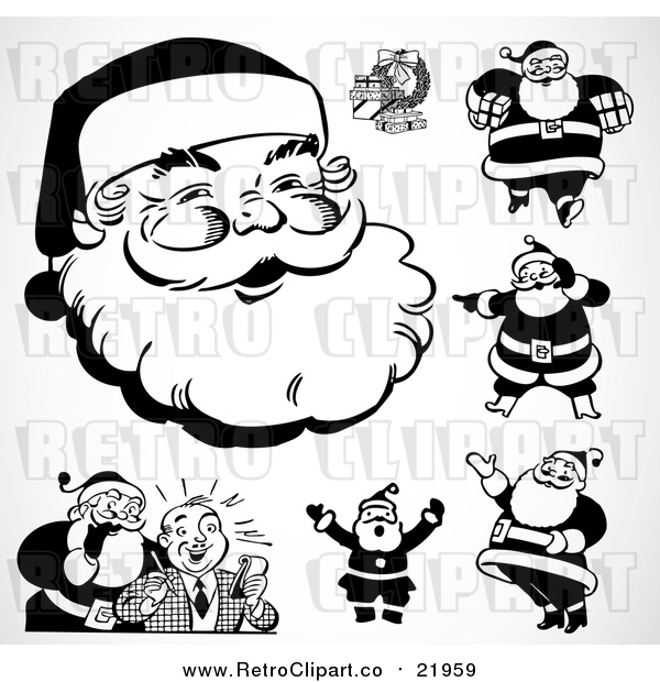 Vector Clipart of Black and White Retro Santas