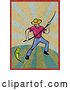 Clip Art of Fly Fisher Man Pulling in a Catch on Grungy Rays by Patrimonio