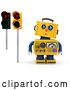 Clip Art of Retro 3d Surprised Yellow Robot Looking up at Red Pedestrian Traffic Lights, on a White Background by Stockillustrations