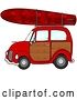 Clip Art of Retro Cartoon Red Woody Car with a Red Starry Surfboard on the Roof by Djart