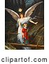 Clip Art of Retro Valentine of a Female Guardian Angel Guiding a Little Girl in a Red Dress Across a Dangerous Log Bridge over a Gorge, Circa 1890 by OldPixels