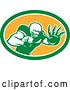 Vector Clip Art of Retro American Football Player Fending off in a Green White and Orange Oval by Patrimonio