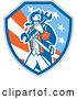 Vector Clip Art of Retro American Revolutionary Patriot Soldier Mechanic Walking with a Spanner Wrench in a Patriotic Shield by Patrimonio