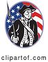Vector Clip Art of Retro American Revolutionary Soldier Patriot Minuteman with a Musket Bayonet Rifle over a Stars and Stripes Flag Oval by Patrimonio