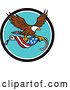 Vector Clip Art of Retro Bald Eagle Flying with a Towing J Hook and an American Flag Banner by Patrimonio