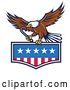 Vector Clip Art of Retro Bald Eagle Flying with a Towing J Hook over an American Flag by Patrimonio