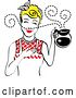 Vector Clip Art of Retro Blond Haired Waitress or Housewife Smelling the Aroma of Fresh Hot Coffee in a Pot by Andy Nortnik