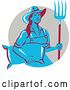 Vector Clip Art of Retro Blue and Red Female Farmer Carrying a Sack and a Pitchfork in a Taupe Circle by Patrimonio