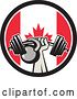 Vector Clip Art of Retro Bodybuilder Arm Holding up a Bent Barbell and Kettlebell in a Canadian Flag Circle by Patrimonio