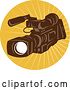 Vector Clip Art of Retro Brown Video Camera in a Circle of Rays by Patrimonio