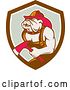 Vector Clip Art of Retro Bulldog Firefighter Holding an Axe in a Brown White and Gray Shield by Patrimonio