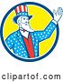 Vector Clip Art of Retro Cartoon American Uncle Sam Waving in a Blue White and Yellow Circle by Patrimonio