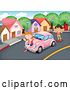 Vector Clip Art of Retro Cartoon Children with a Pink Slug Bug Car by