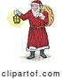 Vector Clip Art of Retro Cartoon Christmas Santa Claus Holding out a Lantern and Carrying a Bag by Patrimonio