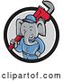 Vector Clip Art of Retro Cartoon Elephant Guy Plumber Holding a Giant Monkey Wrench, Emerging from a Black White and Gray Circle by Patrimonio
